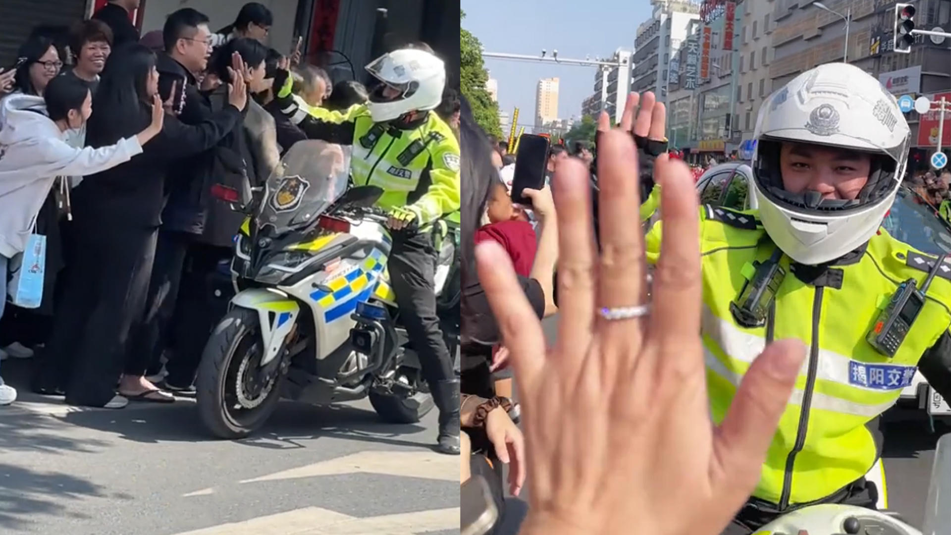骑警抬手维持秩序让群众后退，被大家误以为击掌互动，网友：以为是粉丝见面会