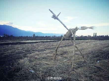 把稻草捆成一捆,把用繩子把稻草和木架包住