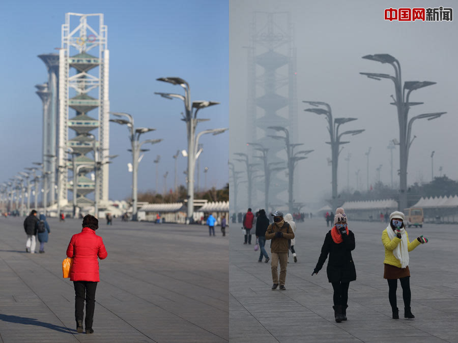 对比图:空气重污染红色预警前后的北京