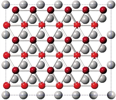 硼烯在银表面的结构示意图(红色,暗红色表示硼原子的起伏) 钟欣闵 