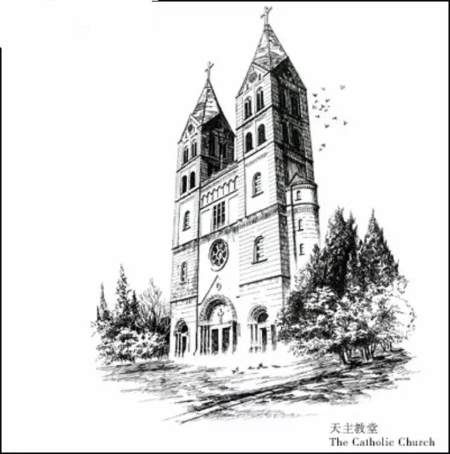 青岛基督教堂写生图片