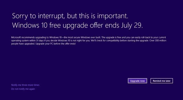 微软向Windows 7/8.1用户发提醒：免费升级于7月29日终止