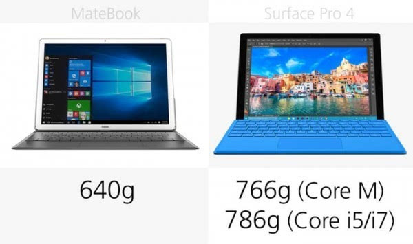 华为MateBook和Surface Pro 4规格参数对比