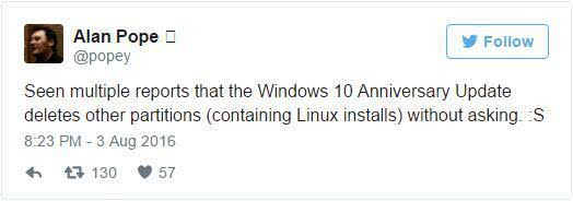 警告：Windows 10周年更新或许会删掉你的Linux分区