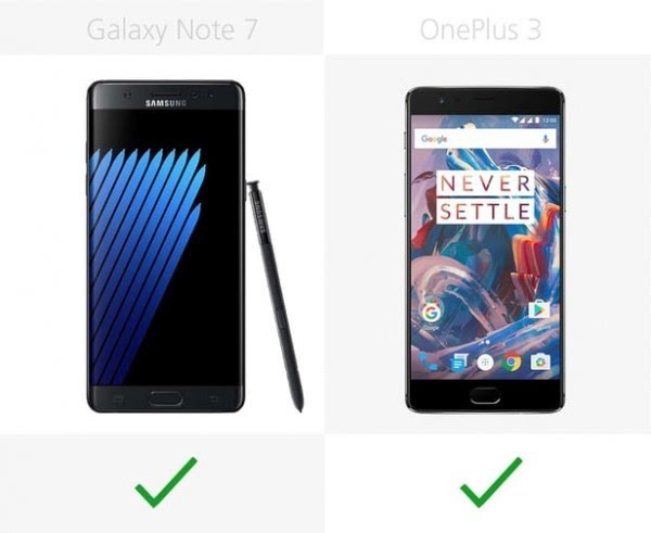 三星Galaxy Note 7和一加手机3规格参数对比