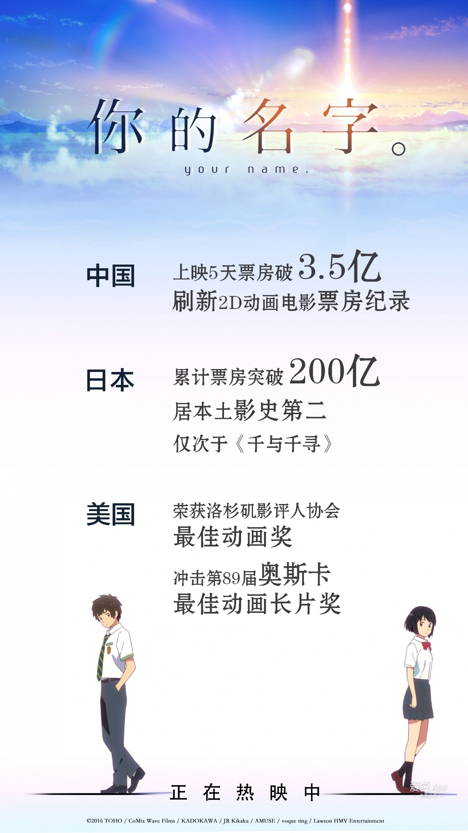 [消息]《你的名字 》日本票房破200亿 位列日本影史第二