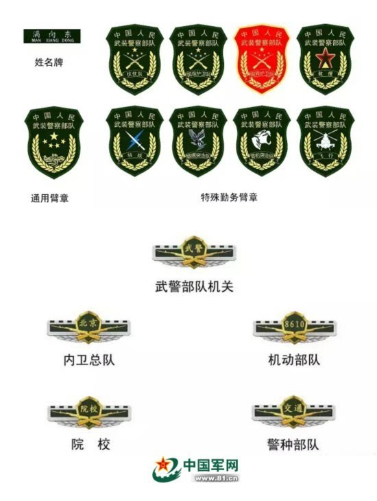 武警部队机关2月29日开始佩戴新式姓名牌,胸标,臂章