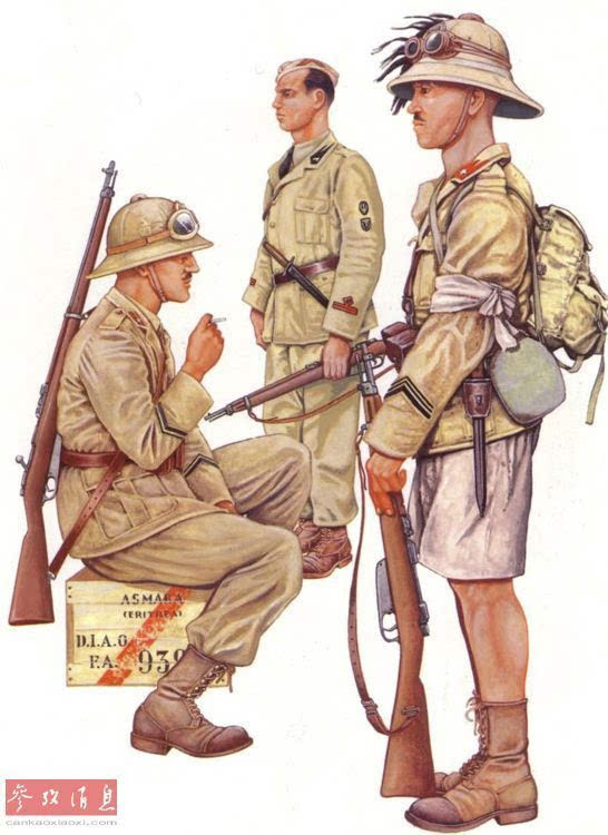 图为第二次意埃战争期间,意大利军队的军服,从左至右依次为步兵下士