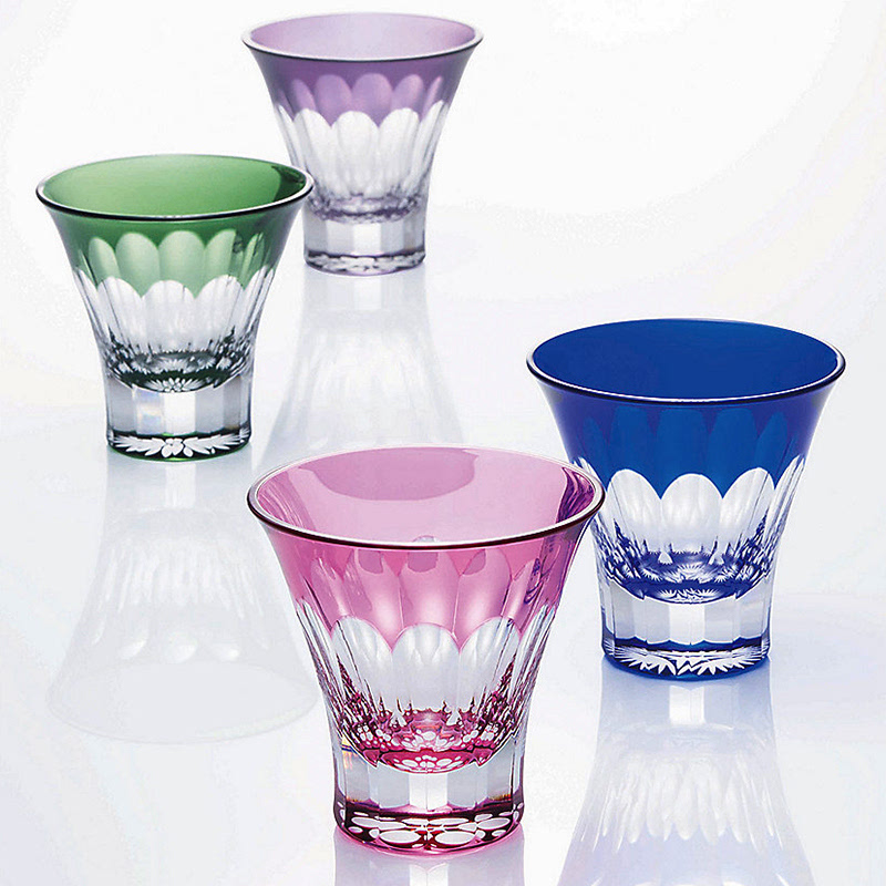 toyo-sasaki glass 八千代切子万花筒 竹叶花纹幽蓝玻璃酒杯 杯子底部