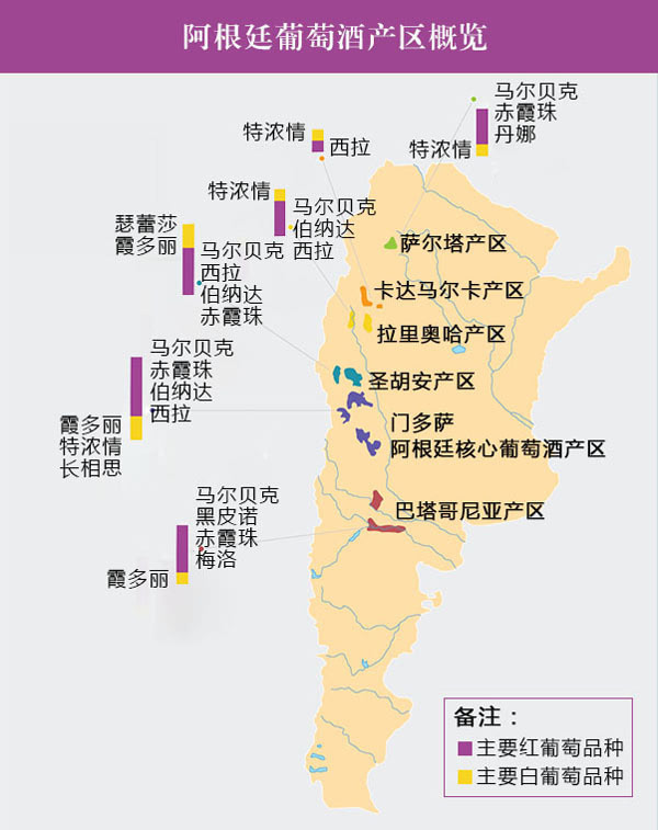 1,阿根廷葡萄酒产区地图及主要酿酒葡萄 说到阿根廷葡萄酒,就不得不