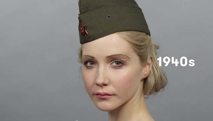 俏皮美女展示俄罗斯100年来女性妆容发型变化